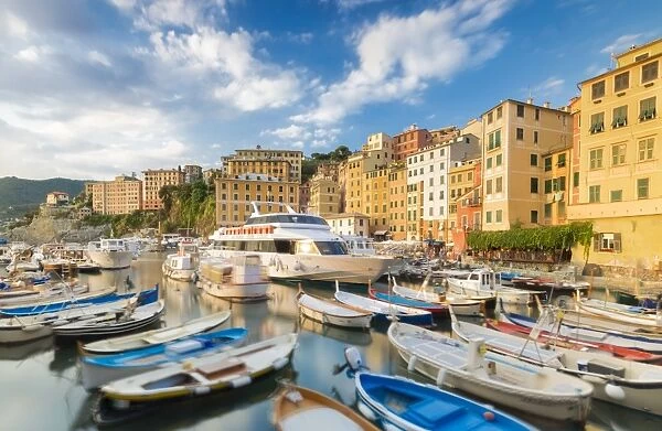 Blue sky over harbour of the fishing village of Camogli, Gulf of Paradise, Portofino National Park