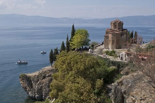 Boats by St. John Kaneo church on Lake Ohrid, UNESCO World Heritage Site, Macedonia