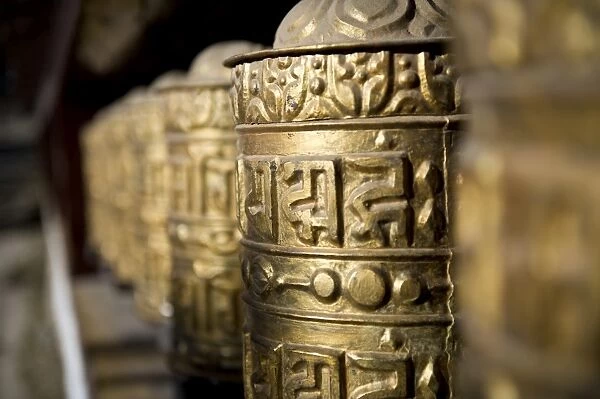 Buddhist prayer wheels, Namche Gompa (Monastery), Namche Bazaar, Solu Khumbu Region, Nepal, Asia