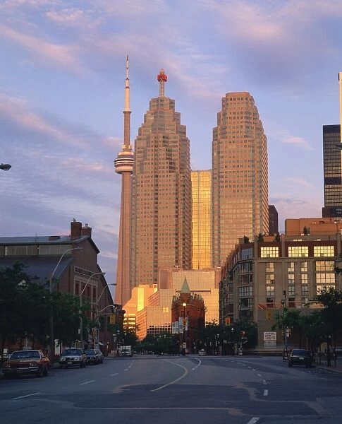 The C. N. Tower and city centre skyscraper at dawn, Toronto, Ontario, Canada, North America