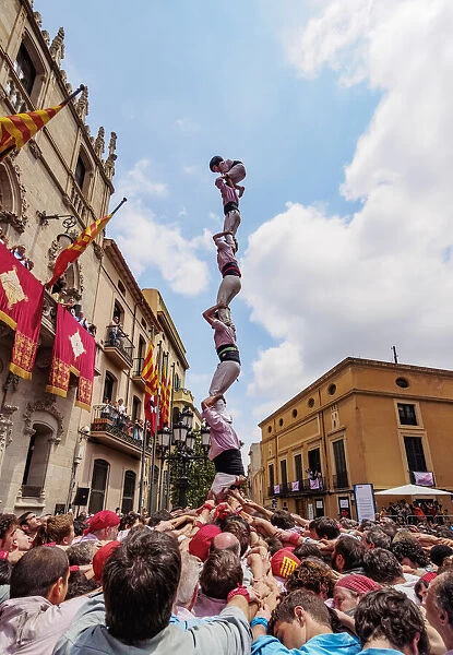 Castell human tower in front of the City Hall during the Festa Major Festival, Terrassa