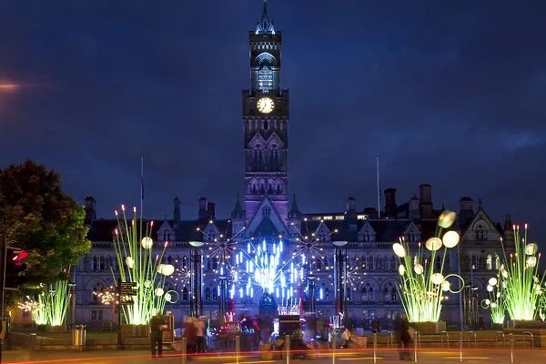 City Hall and Garden of Light Display in Centenary Square, Bradford, West Yorkshire, Yorkshire, England, United Kingdom, Europe