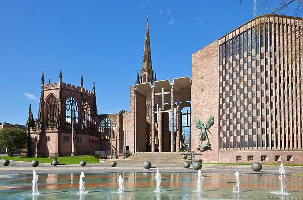 Coventry old cathedral shell and new modern cathedral, Coventry, West Midlands, England, United Kingdom, Europe