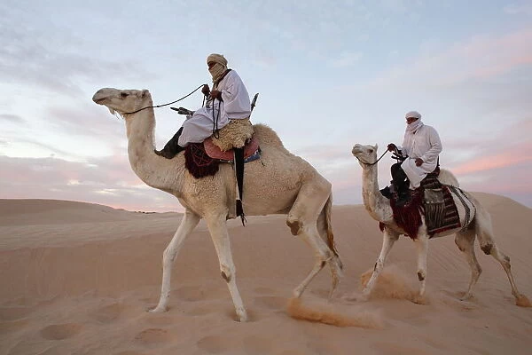 Dromedary riders in the Sahara, Douz, Kebili, Tunisia, North Africa, Africa