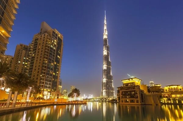 Dubai Burj Khalifa and skyscrapers at night, Dubai City, United Arab Emirates, Middle