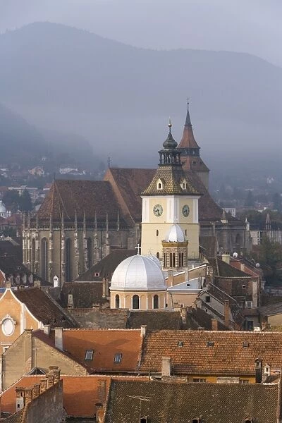 Elevated view over the centre of medieval Brasov, with the Council House