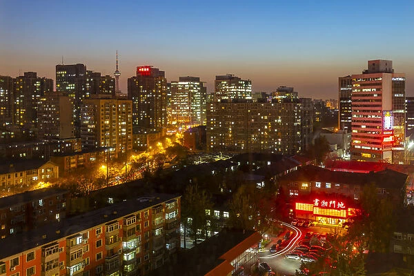 Elevated view of city near Beijing Zoo at dusk, Beijing, Peoples Republic of China