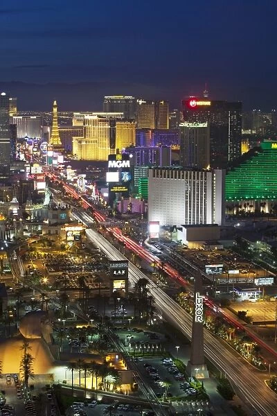 Elevated view of the hotels and casinos along The Strip at dusk, Las Vegas, Nevada, United States of America, North America