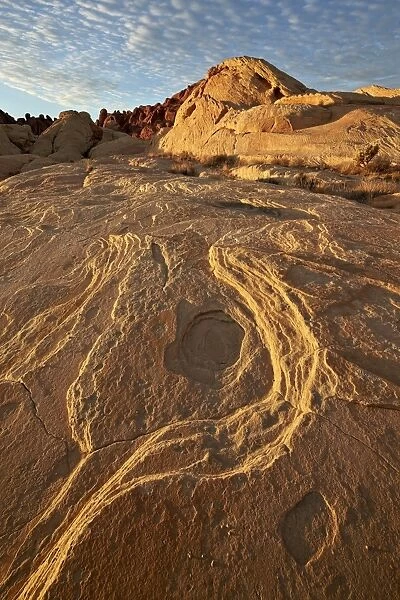 Erosion pattern in yellow sandstone under patterned clouds, Valley of Fire State Park, Nevada, United States of America, North America