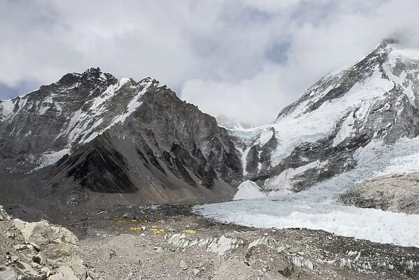 Everest Base Camp at 5350m seen here as a scattering of tents in the distance at