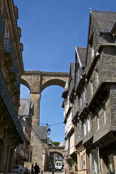 Famous houses in Ange de Guernisac street with Viaduct in the background, Morlaix, Finistere, Brittany, France, Europe