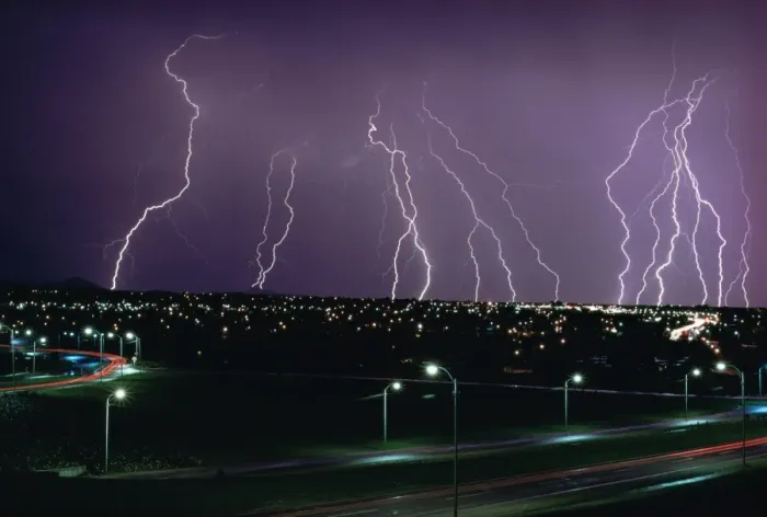 Framed Print : Fork Lightning Print Over Cityscape at Night