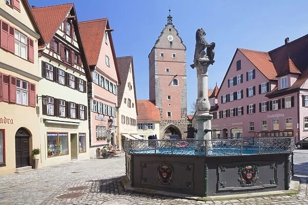 Fountain at the marketplace with Wornitz Turm Tower, Dinkelsbuhl, Romantic Road (Romantische Strasse), Franconia, Bavaria, Germany, Europe