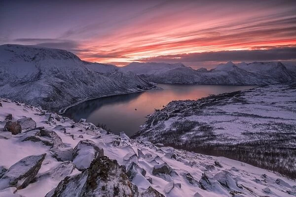 The frozen sea surrounded by snow framed by pink clouds, Arctic, Norway, Scandinavia