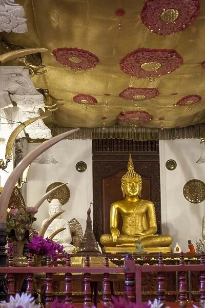 Golden sitting Buddhist statue, Temple of the Sacred Tooth Relic, UNESCO World Heritage Site, Kandy, Sri Lanka, Asia