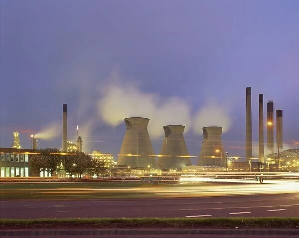 Grangemouth petro-chemical plant illuminated at dusk, Scotland, United Kingdom, Europe