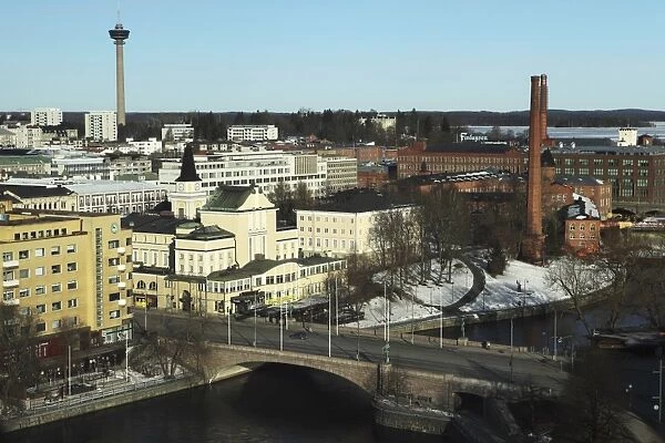 The Hameenkatu Bridge crosses the River Tammerkoski by the Tampere Theatre in Tampere, Pirkanmaa, Finland, Scandinavia, Europe