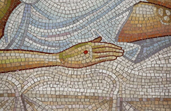 Detail of hand in mosaic of Christs death at the Church of the Holy Sepulchre