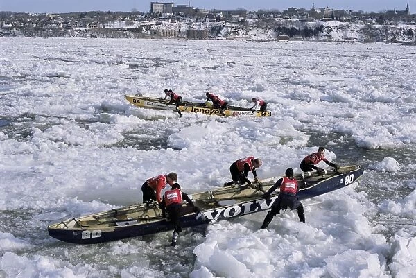 Ice canoe races on the St. Lawrence River during winter carnival, Quebec