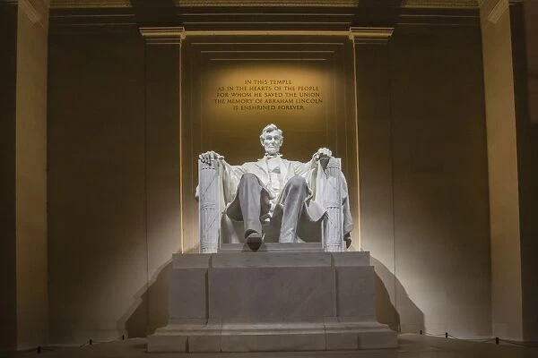 Interior of the Lincoln Memorial lit up at night, Washington D. C. United States of America, North America
