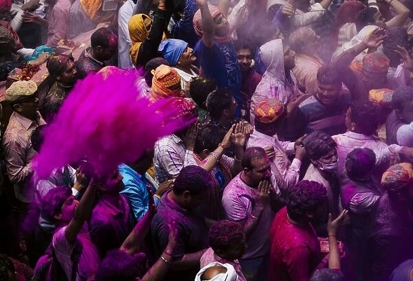 Lathmar Holi celebrations in Bankei Bihari Temple, Vrindavan, Braj, Uttar Pradesh