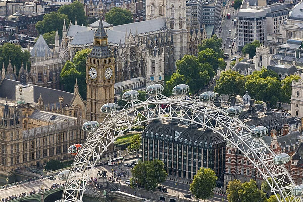 The London Eye and Jubilee Gardens with the Houses of Parliament in the distance, London