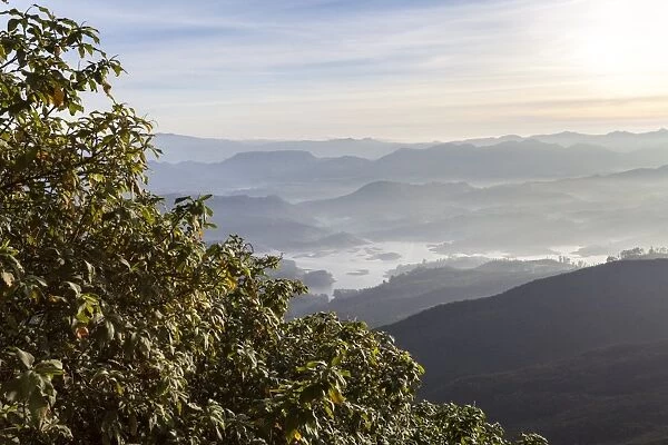 Looking down into the Dalhousie and the Hill Country beyond at sunrise from Adams Peak (Sri Pada), Sri Lanka, Asia