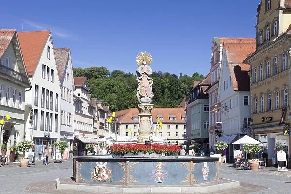 Mondsichelmadonna sculpture, Marienbrunnen Fountain, Market Place Schwabisch Gmund, Baden Wurttemberg, Germany, Europe