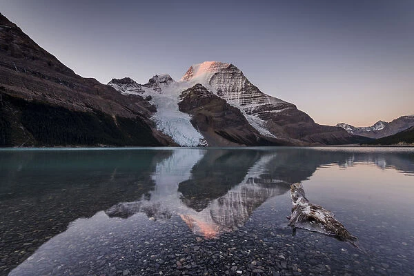 Mount Robson, Canadian Rockies highest peak, in the morning, viewed from the Berg Lake