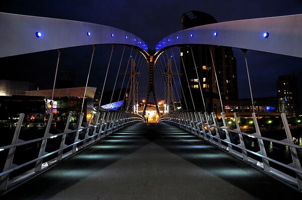 Night view of The Lowry Bridge over the Manchester Ship Canal, Salford Quays