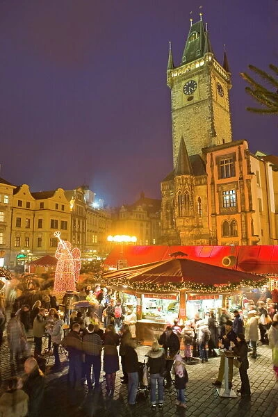 Old Town Square at Christmas time and Old Town Hall, Prague, Czech Republic, Europe
