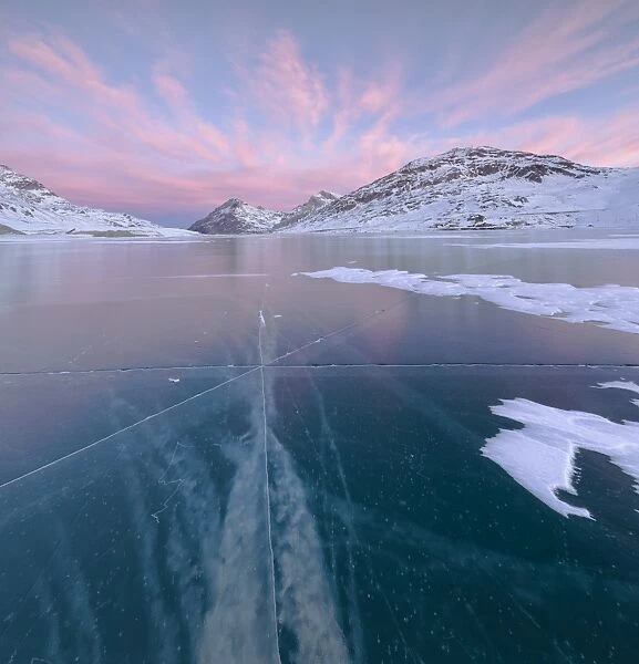 Panorama of the frozen Lago Bianco framed by pink clouds at dawn, Bernina Pass, canton