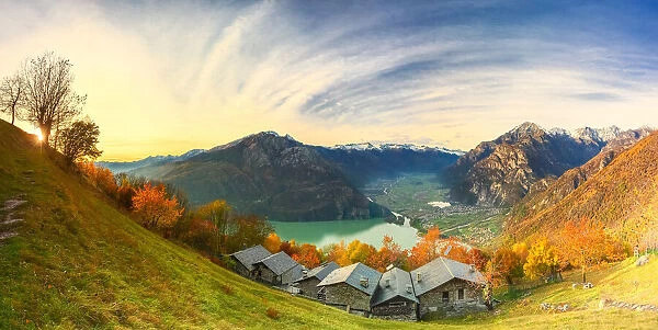 Panoramic view of the old village of chalets, Valchiavenna, Valtellina, Lombardy, Italy