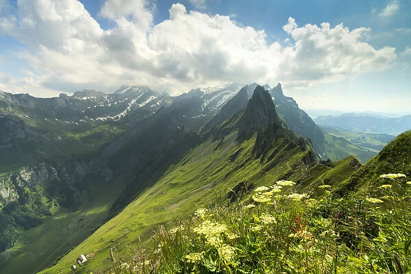 Peak Santis seen from Schafler during summer, Appenzell Innerrhoden, Switzerland, Europe
