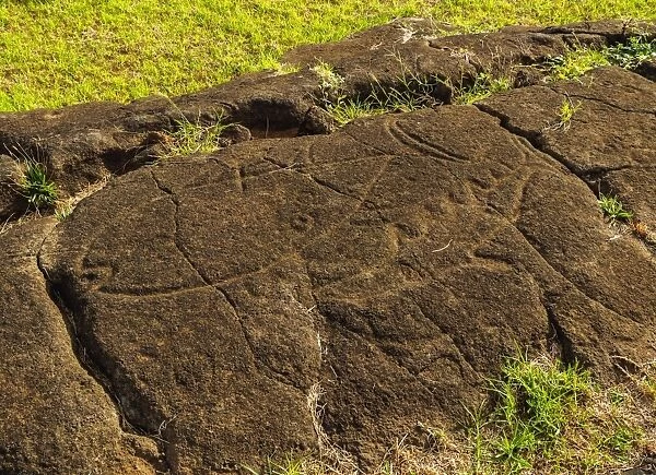 Petroglyphs in Papa Vaka, Rapa Nui National Park, UNESCO World Heritage Site, Easter Island