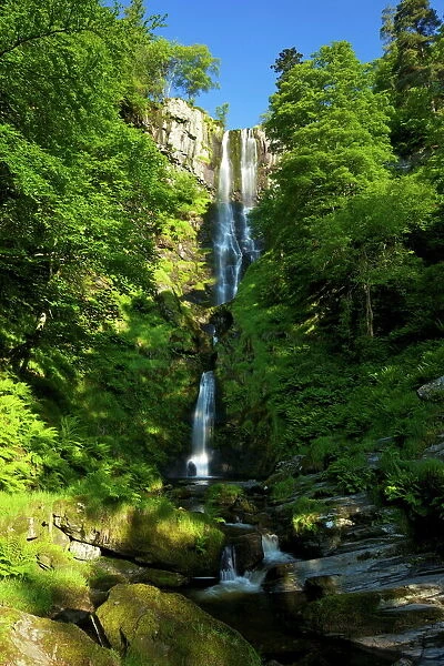 Pistyll Rhaeadr waterfall near Llanrhaeadr-ym-Mochnant, early morning in June