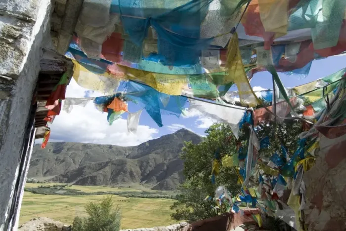 Framed Print : Prayer Flag Print over Tibetan Fields Framed Print : Prayer Flag Print over Tibetan Fields