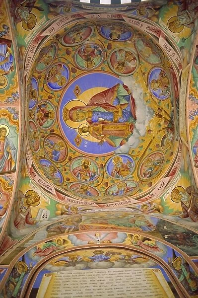Religious frescoes painted on cloisters ceiling, Rila Monastery, Bulgaria