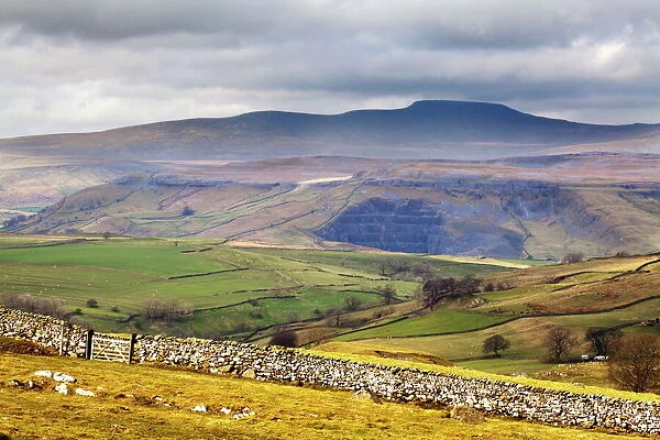 Across Ribblesdale to Ingleborough from above Stainforth near Settle, Yorkshire Dales, Yorkshire, England, United Kingdom, Europe