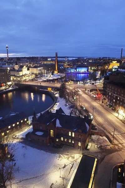 River Tammerkoski runs past the Finlayson Complex, the Nasinneula tower (top left), city centre of Tampere, Pirkanmaa, Finland, Scandinavia, Europe