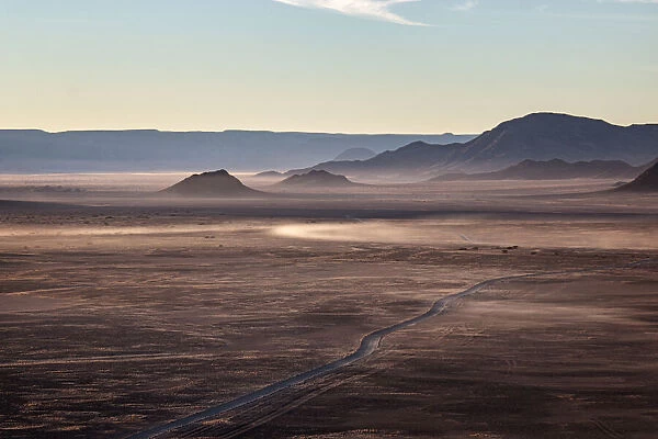 Rocky desert at sunrise taken from a hot air balloon flight, Namibia, Africa