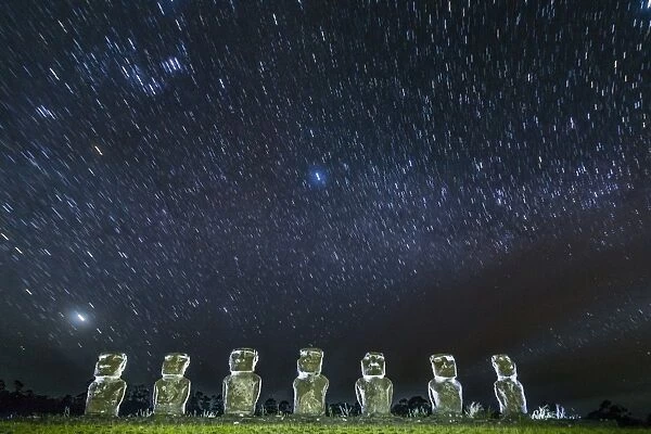 Seven Moai under the stars on a moonless night at Ahu Akivi on Easter Island (Isla de Pascua) (Rapa Nui), UNESCO World Heritage Site, Chile, South America