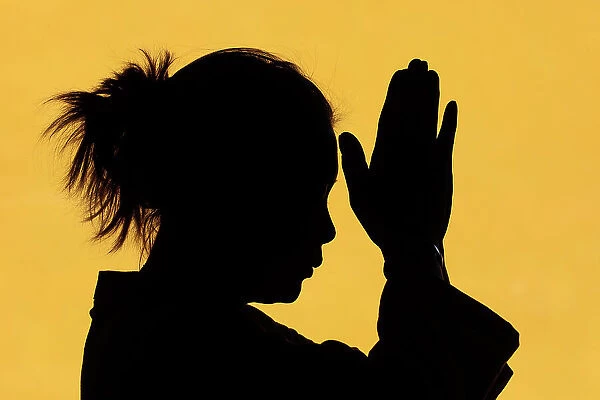 Silhouette of woman praying in temple Faith and spirituality concept, Vietnam, Indochina, Southeast Asia, Asia