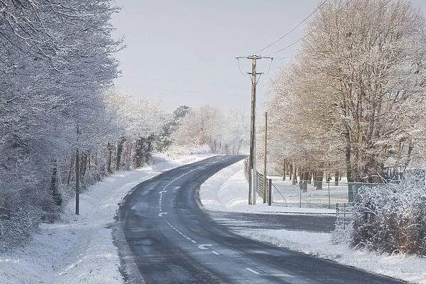 A snow covered road near to Villefranche-sur-Cher, Loir-et-Cher, Centre, France, Europe
