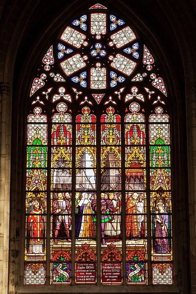 Stained glass window inside Cathedral of Saint Michael and Saint Gudula, Brussels, Belgium, Europe