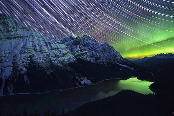 Star Trails and Northern Lights over Peyto Lake, Banff National Park, UNESCO World Heritage Site