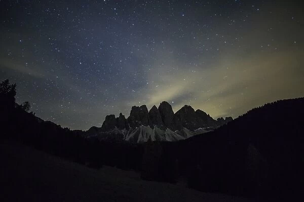 Starry night on the Odle seen from Malga Zannes, Funes Valley, South Tyrol, Dolomites