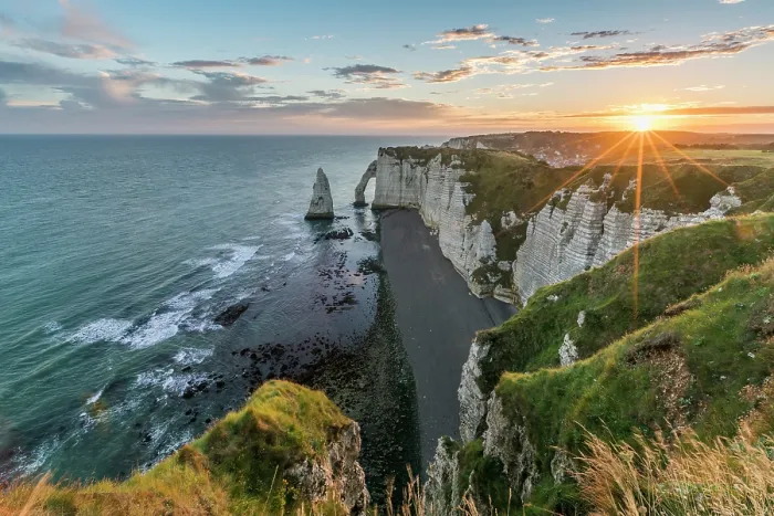 Framed Print : Print of Sunrays at Dawn over Etretat Cliffs Framed Print : Print of Sunrays at Dawn over Etretat Cliffs