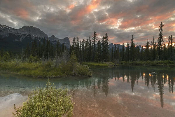 Sunset over Ha Ling Peak and Mount Rundle at Policemans Creek, Canmore, Alberta