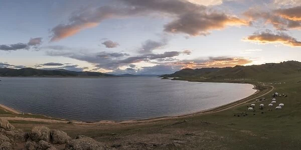 Sunset over White Lake, Tariat district, North Hangay province, Mongolia, Central Asia